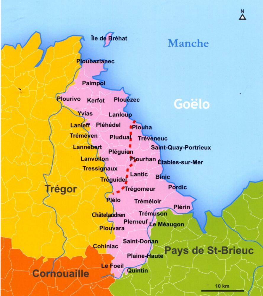 carte des ommunes du  Goëlo avec limite de la langue bretonne