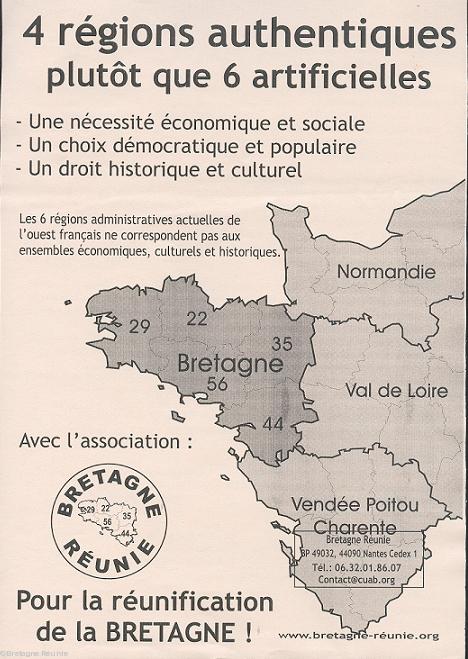 Le découpage de l\'ouest de la France proposé par Bretagne Réunie dès 1996.