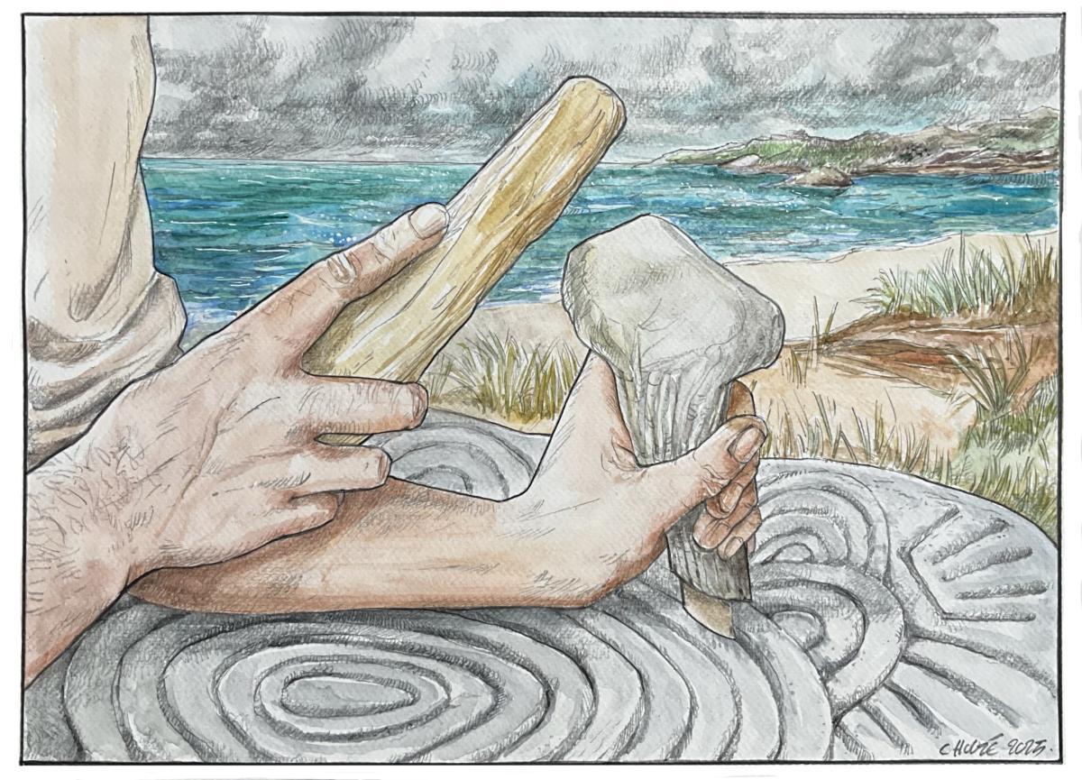 Illustration : dessin original de Christophe Houzé, professeur d'Arts Plastiques (scénographie M. Gendry, d'après les apports de l'archéologie expérimentale)