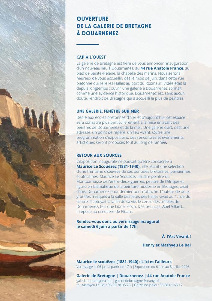 Communiqué de presse juin 2026, ouverture de la Galerie de Bretagne à Douarnenez, illustré par un tableau du peintre Maurice Le Scouëzec représentant la rivière du port Rhu.