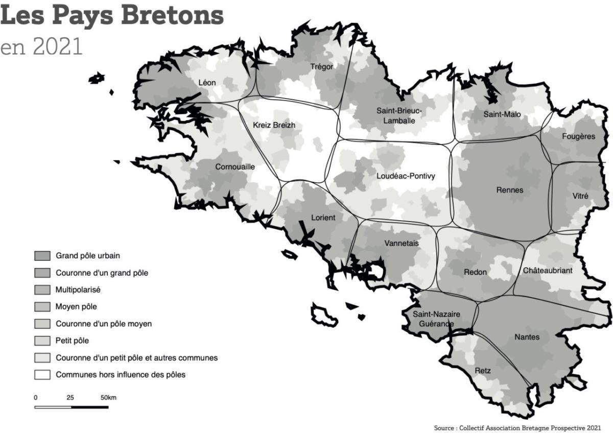 Carte des pays de Bretagne issue de l'ouvrage Pays de Bretagne, racines de notre futur réalisé par Bretagne Prospective.