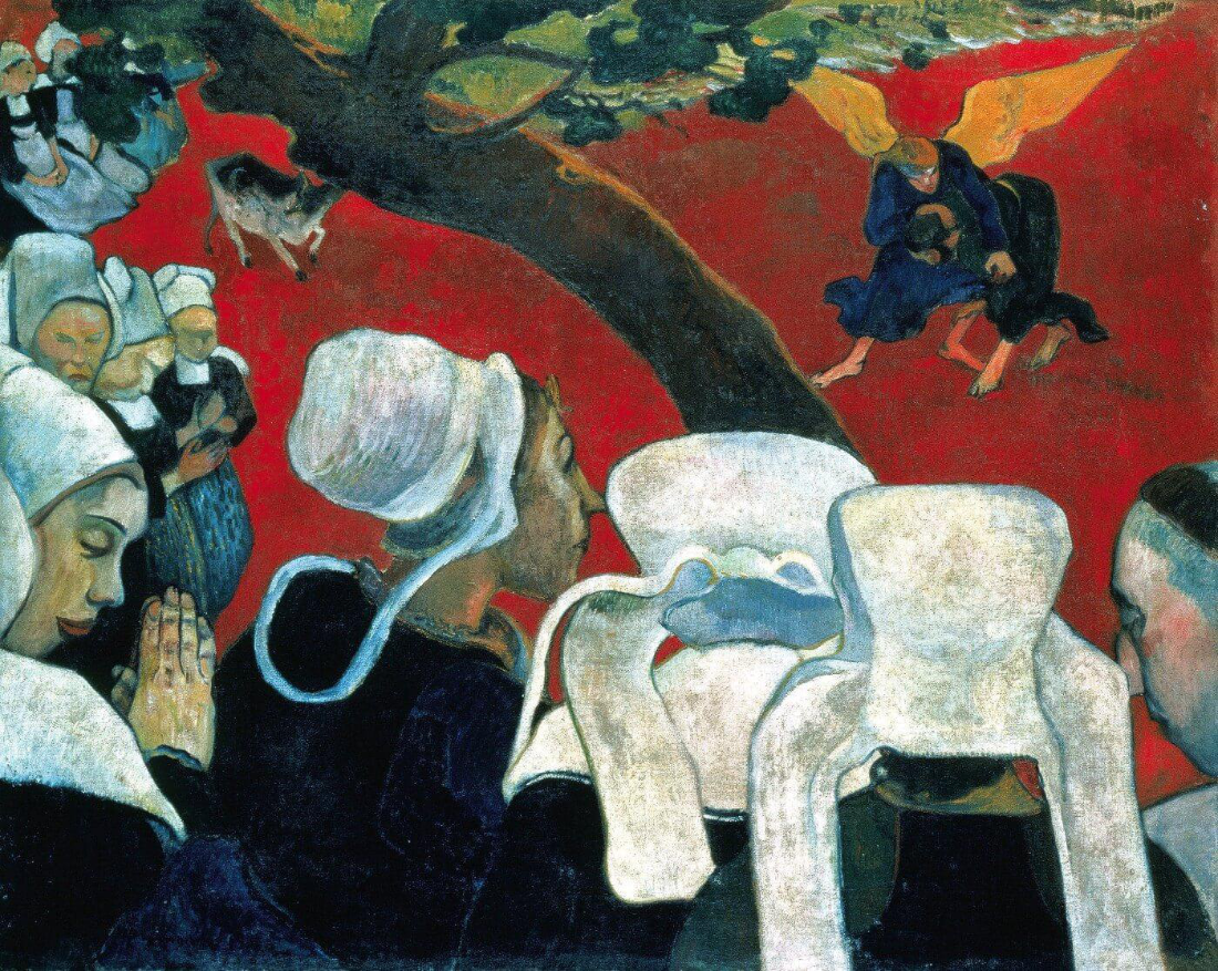 La Vision après le sermon (1888) de Paul Gauguin : des coiffes mais pas de voiles.