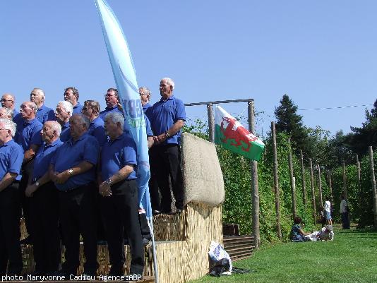 A droite de l estrade une voile genante enroulee et un drapeau gallois Derriere des plants de houblon.