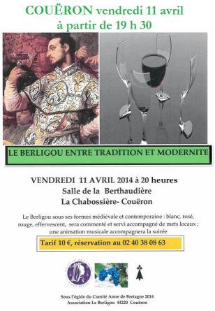 Affiche de la soirée ½nologique à Couëron le ,11 avril <i>Le berligou entre tradition et modernité</i>.