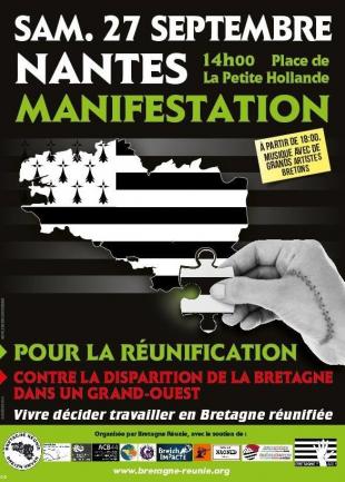 Affiche Manifestation pour la réunification de la Bretagne le 27 septembre à Nantes.