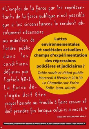 Affiche de la table ronde du 4 février 2015 <i>Luttes environnementales et sociétales actuelles, champs d’expérimentation des répressions policières et judiciaires ?</i>