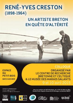Affiche du colloque René-Yves Creston (1898-1964), les 9 et 10 avril 2015 à Batz-sur-Mer. Elle représente René-Yves Creston en grande discussion sur la saline Sistère près de Saillé © coll. Padraig Creston.