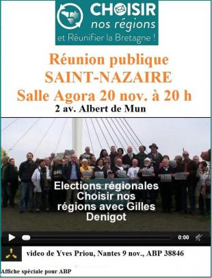 Affiche spéciale pour ABP de la réunion publique de la liste Choisir nos régions et réunifier la Bretagne, espace Agora, Saint-Nazaire, 20 h.