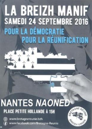 Affiche de la Breizh Manif à Naoned/Nantes pour la réunification de la Bretagne, samedi 24 septembre 2016.