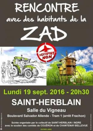 Affiche de la rencontre à Saint-Herblain avec des habitants de la ZAD de Notre-Dame des Landes le 19 septembre.