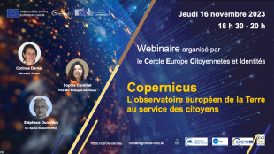 webinaire organisé par le CECI et animé par Corinne Derval (Mercator Ocean), Sophie Cordillet (Pôle mer Bretagne Atlantique) et Stéphane Ourevitch (EU Space Support Office).